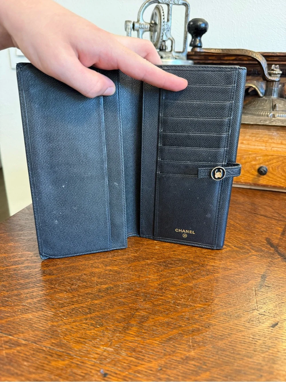 CHANEL Black Caviar Leather Continental Wallet with CC Snap with COA